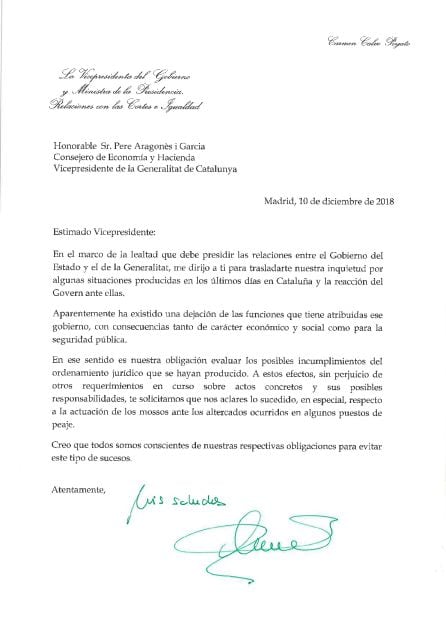 Carta de Calvo a Aragonès.