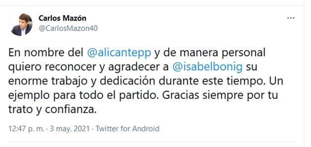 Mensaje en la cuenta personal de Twitter de Carlos Mazón