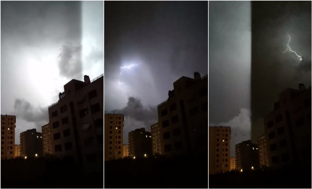 Collage con varios momentos de una tormenta eléctrica en Alicante