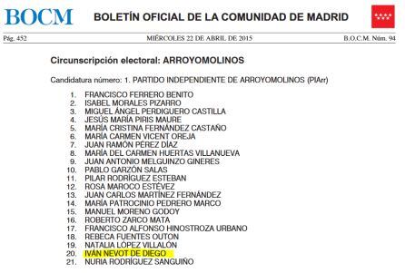 Iván Nevot ocupa el puesto 20 de la lista electoral del Partido Independiente de Arroyomolinos