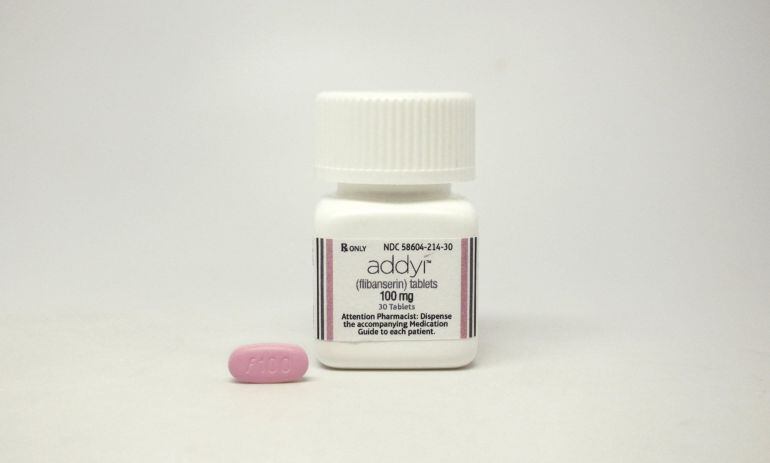 The drug, flibanserin, under the trade name Addyi, nicknamed &quot;female Viagra&quot; is shown in this undated Sprout Pharmaceuticals handout photo released on August 18, 2015. A controversial drug to treat low sexual desire in women won approval from U.S. health 