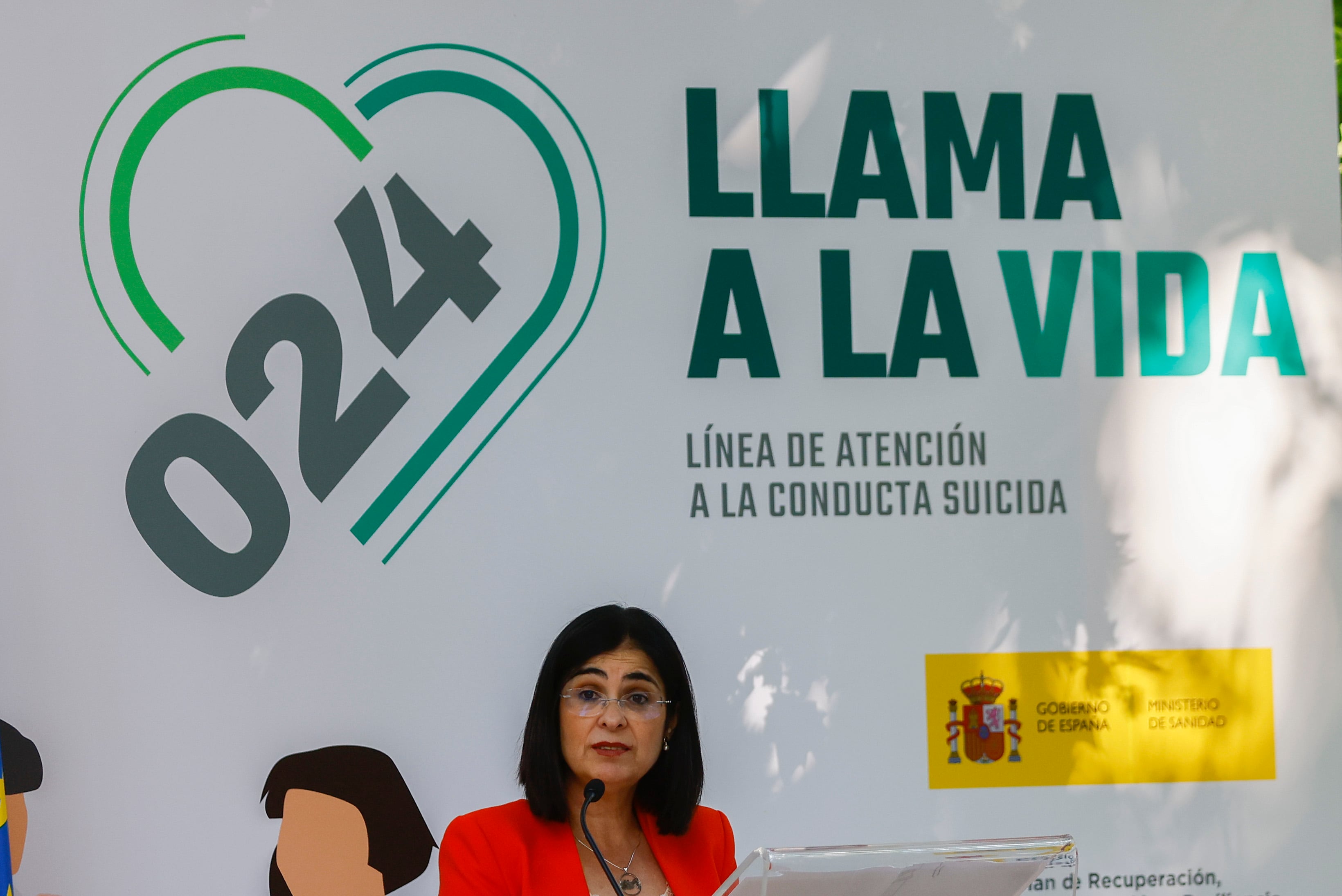 La ministra de Sanidad, Carolina Darias, durante la presentación por parte del Ministerio de Sanidad de la línea 024 de atención a la conducta suicida