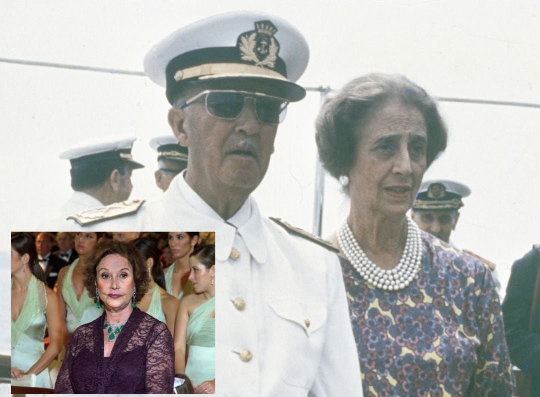 En la foto del fondo, los Franco en Galicia. En la de la esquina inferior, Carmen Franco luce el collar de esmeraldas y diamantes subastado en Londres.