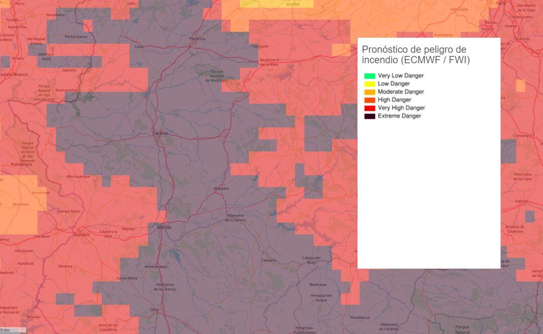 Pronóstico de peligro de incendio para Extremadura para el 23 de junio