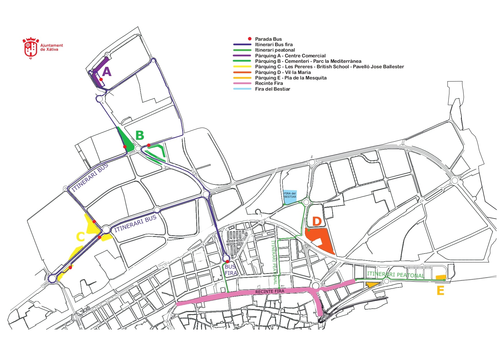 Mapa de zonas de aparcamientos y paradas de autobús de la Fira d'Agost (Imágen: Ajuntament de Xàtiva)