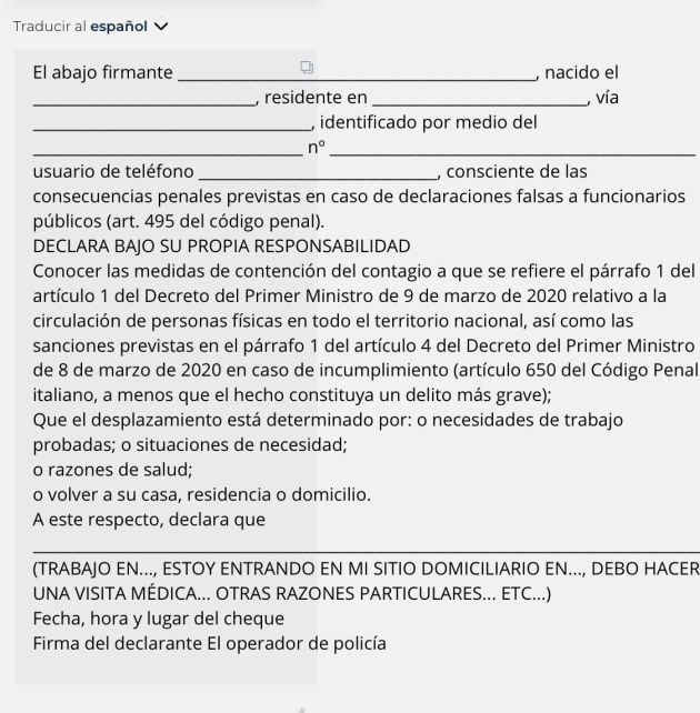 Documento italiano traducido al español que dan las autoridades.