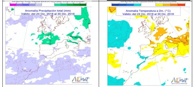 Precipitación y temperaturas previstas del 24 al 30 de diciembre.