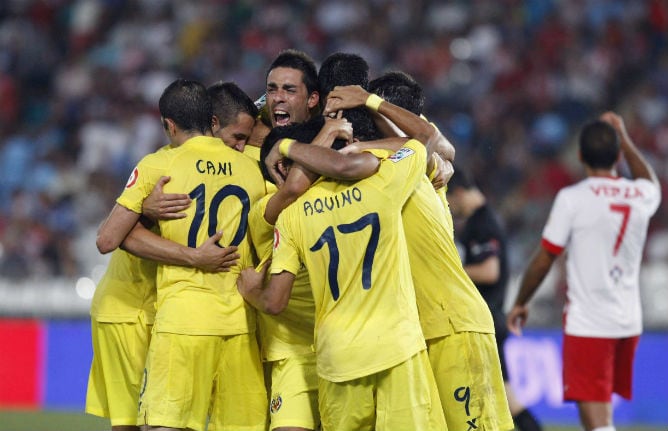 El Villarreal celebra la victoria ante el Almería