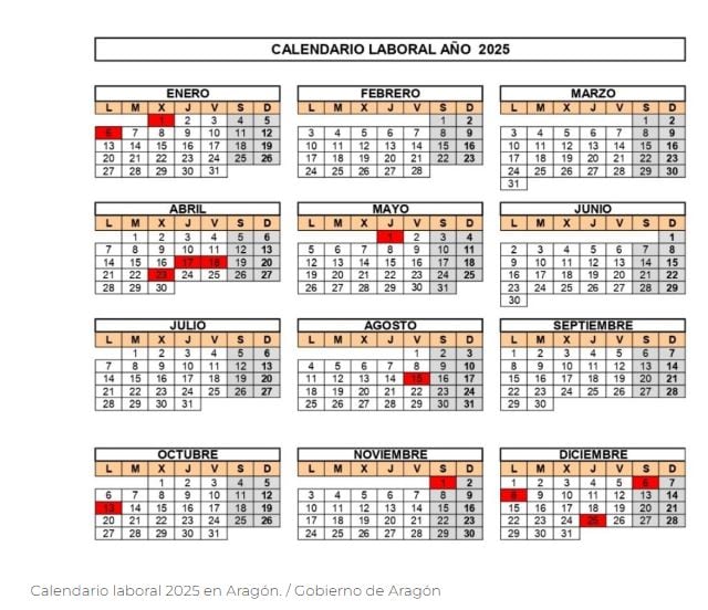 Calendario laboral de 2025, con los festivos en Aragón. Hay que añadir el 22 de enero y el 11 de agosto