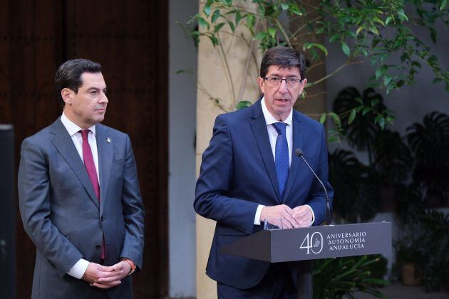 Juan Manuel Moreno Bonilla y Juan Marín durante su compaerecencia posterior al Consejo de Gobierno