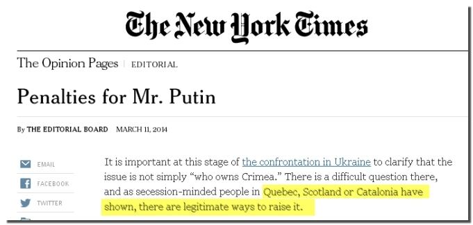 Imatge de l'editorial del 'The New York Times' que opina que els casos de Crimea i Catalunya no són comparables