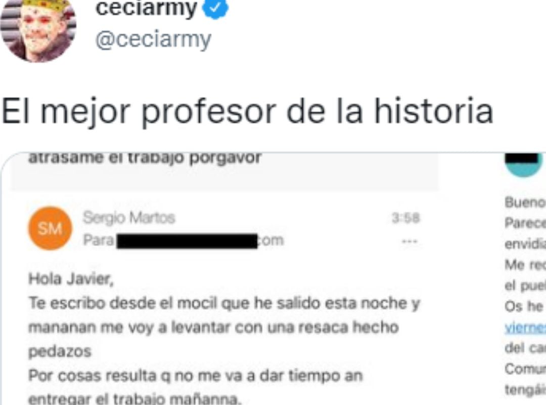 Un alumno le escribe a su profesor para aplazar la entrega de un trabajo porque está de fiesta y triunfa.