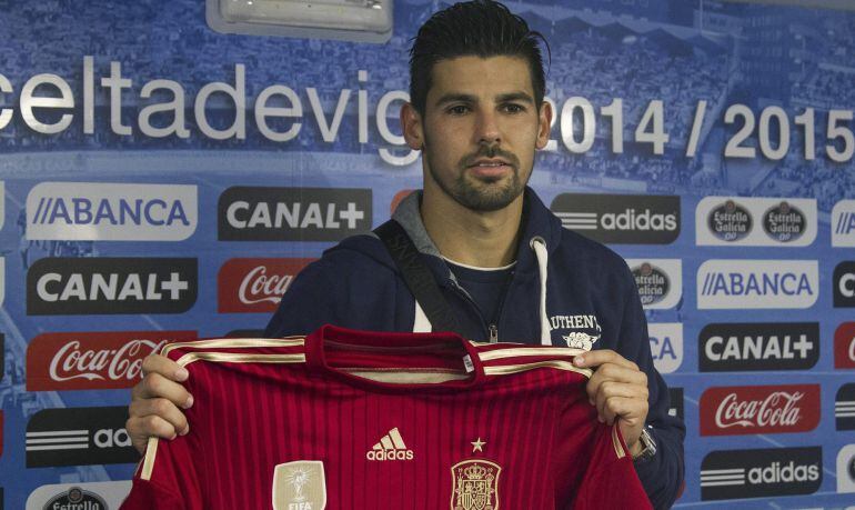 Manuel Agudo &quot;Nolito&quot;, atacante del Celta de Vigo, durante la rueda de prensa ofrecida tras ser convocador para jugar con la selección española absoluta, para el partido oficial contra Bielorrusia y el amistoso ante Alemania. EFE/Salvador Sas