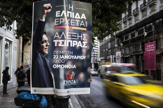 Cartel de Syriza (Alexis Tsipras) en Atenas.