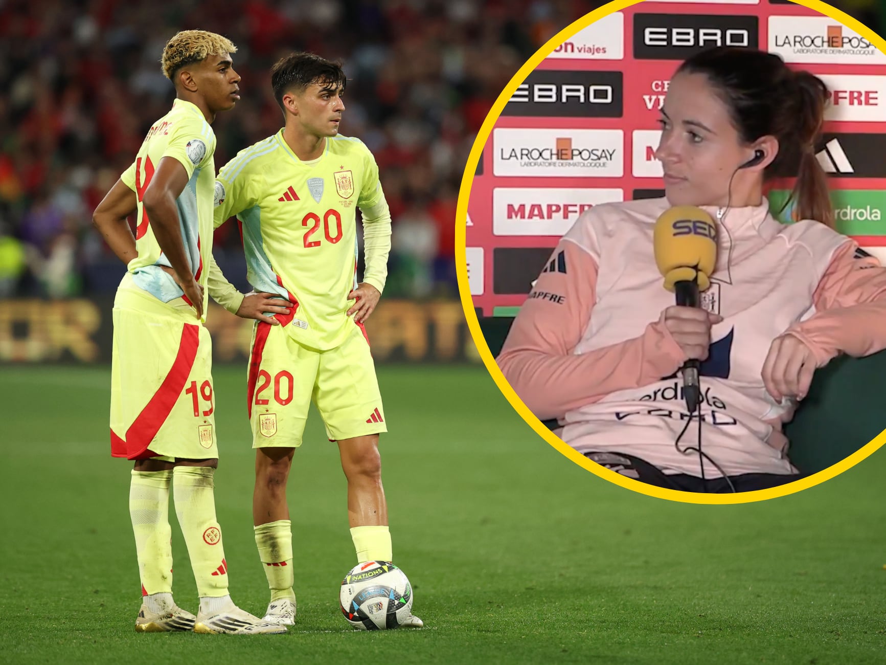 En un montaje, Aitana Bonmatí junto a una imagen de Pedri y Lamine Yamal