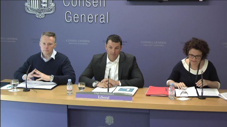 Els consellers del grup parlamentari liberal a la roda de premsa de presentació de les esmenes al Codi de relacions laborals.