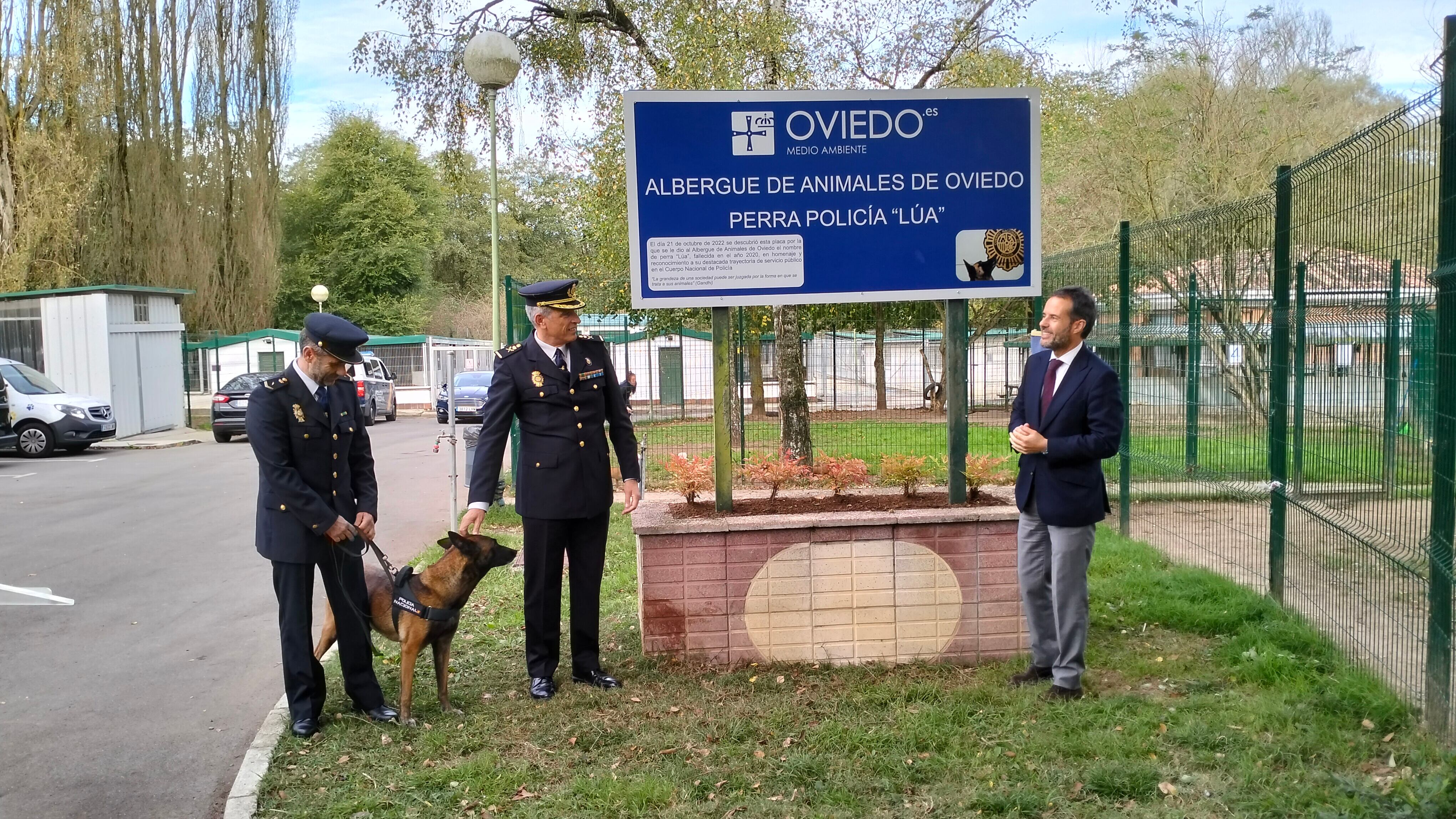 El Jefe Superior de Policía de Asturias, Luis Carlos Espino, y el vicealcalde de Oviedo, Nacho Cuesta, junto a la placa con el nombre de la perra Lúa, bajo la atenta mirada de Gea (hija de Lúa y también agente policial) y su cuidador