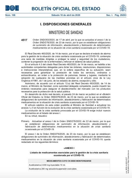 Actualización en el BOE de medicamentos esenciales contra el coronavirus