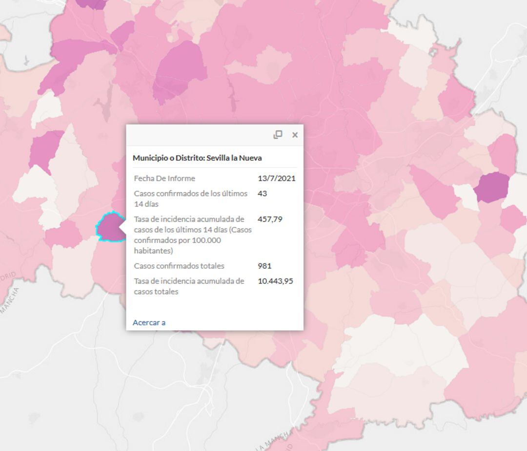 Mapa epidemiológico con los datos de Sevilla la Nueva