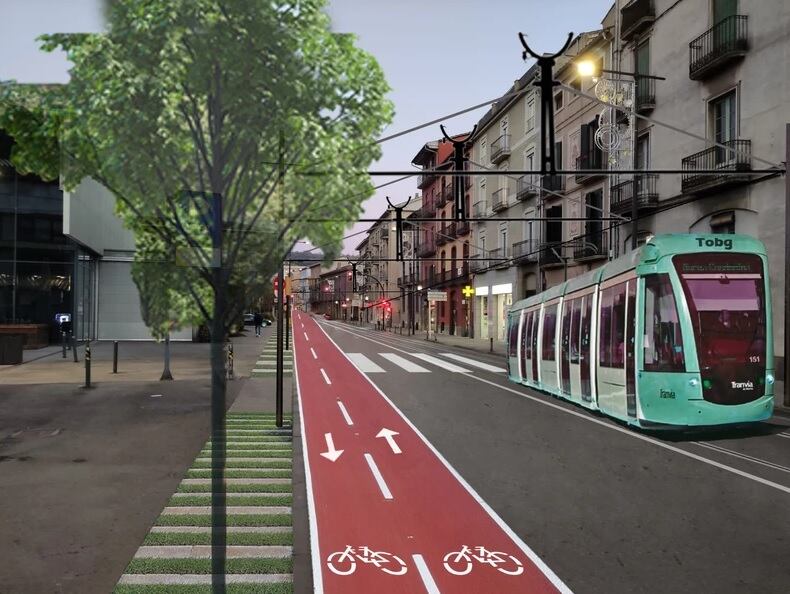 Simulació del Tren-tram al seu pas per Olot. https://www.trentramolotgirona.org/