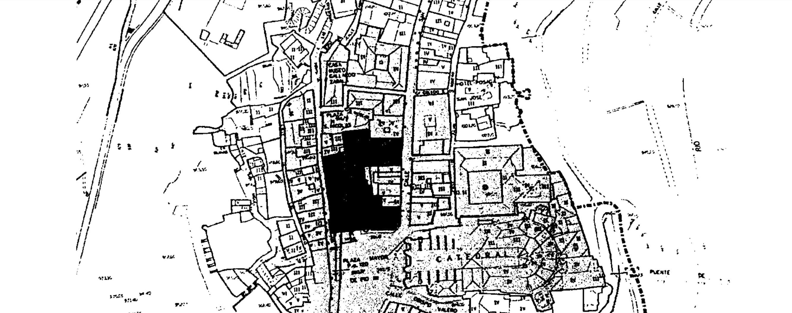 Plano del entorno de la plaza Mayor de Cuenca incluido en la Declaración de de Bien de Interés Cultural en 2002. En negro, la superficie que ocupa el convento de San Pedro de las Madres Justinianas.