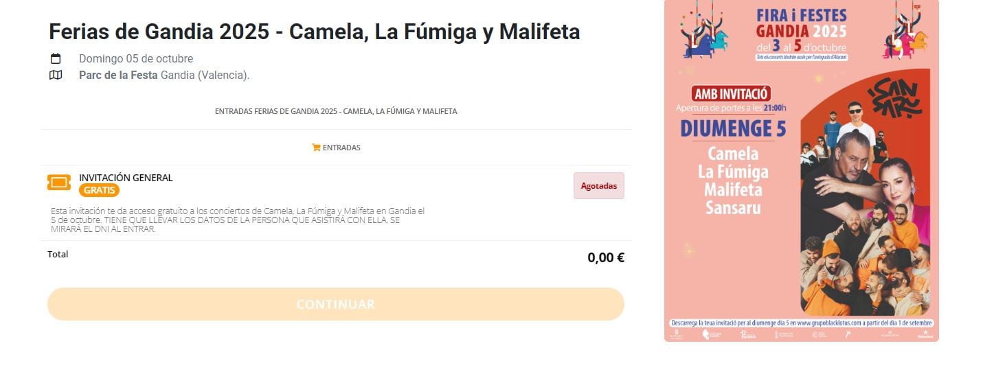 Web donde se descargaban las invitaciones para el concierto del día 5 de octubre.