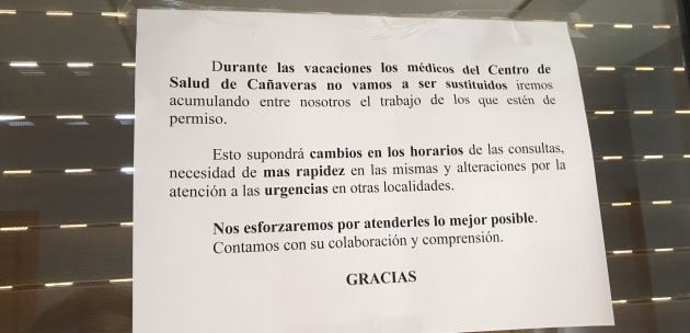 Cartel informativo en los consultorios dependientes del Centro de Salud de Cañaveras.