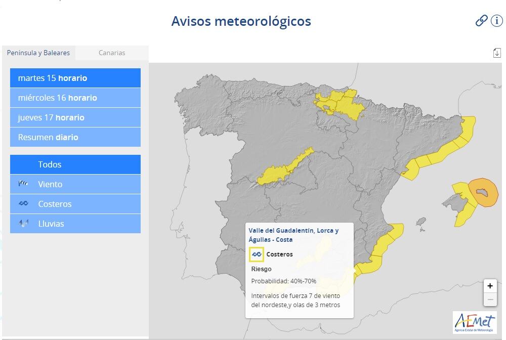 Nivel AMARILLO por fenómenos meteorológicos adversos por viento con rachas máximas de 70 km/h