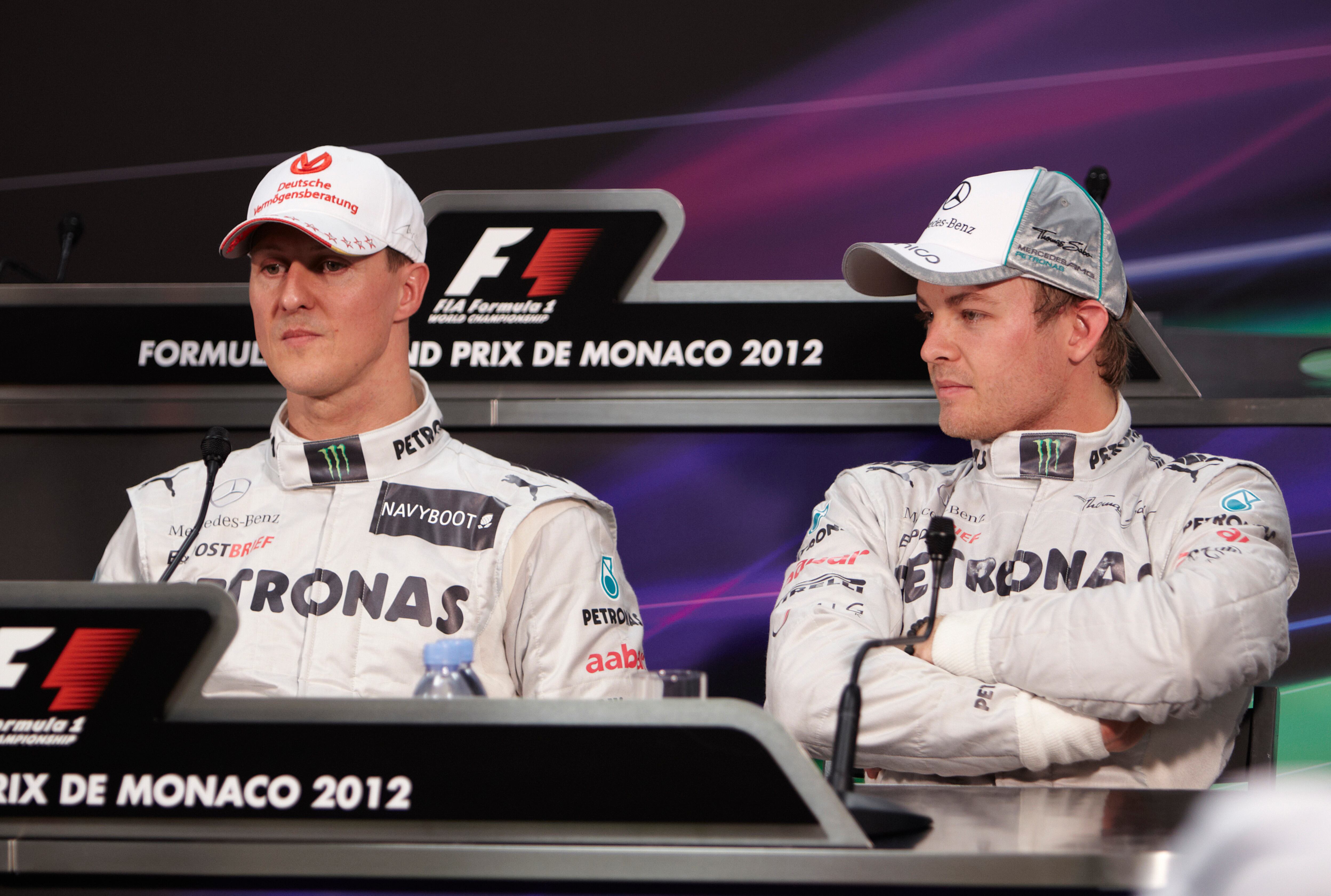 Michael Schumacher y Nico Rosberg, durante la rueda de prensa del GP de Mónaco