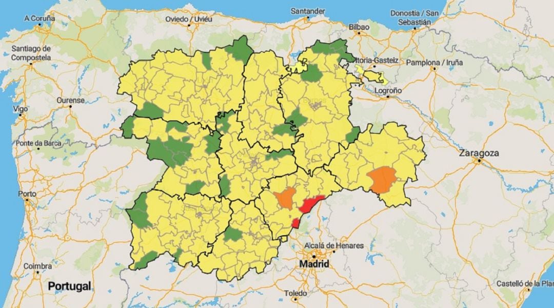 Zonas básicas de Salud. En verde las zonas libres de contagio durante, al menos, siete días