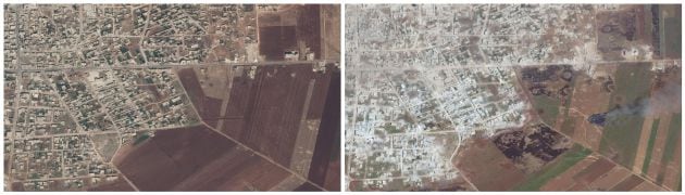 Imagen comparativa de Idlib en 2018 (izq) y 2019 (dch)