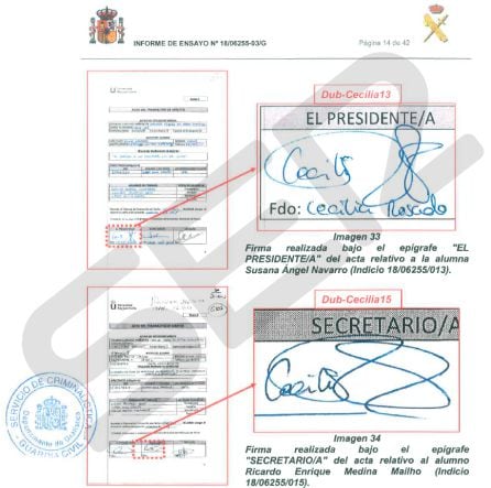 Imagen del informe pericial de la Guardia Civil realizado a la profesora Cecilia Rosado