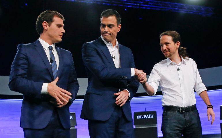 Albert Rivera (Ciudadanos), Pedro Sánchez (PSOE) y Pablo Iglesias (Podemos) durante uno de los debates de campaña. 