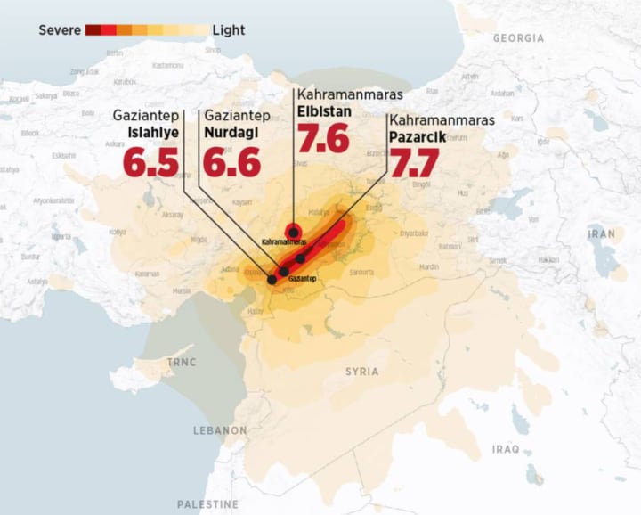 Una infografía muestra los epicentros del terremoto de 7,7 y sus réplicas.