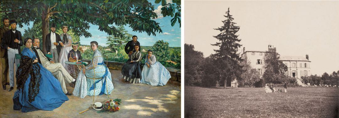 Pintura de Frederic Bazille, &#039;Reunión Familiar 1867&#039; (Derecha). Fotografía de Edouard Baldus, &#039;Chateau de La Faloise 1856 (Izquierda).