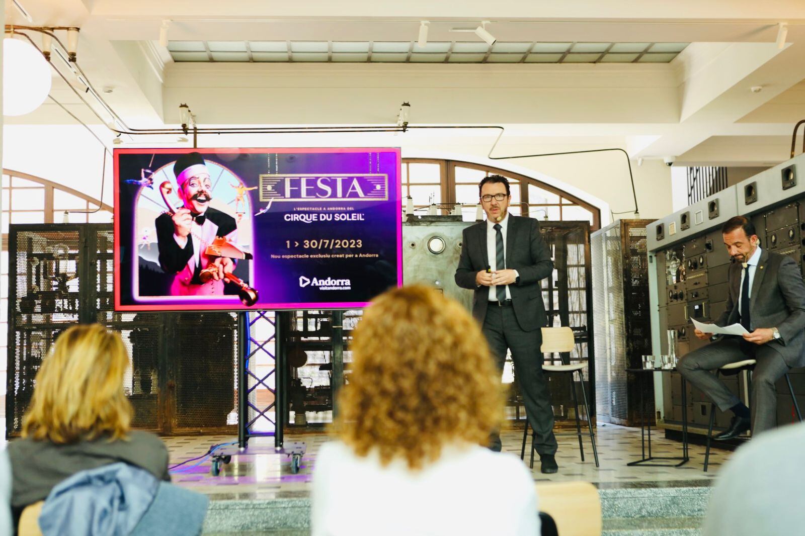 Presentació del proper espectacle de Cirque du Soleil, Festa, a l'edifici de l'antiga Ràdio Andorra.