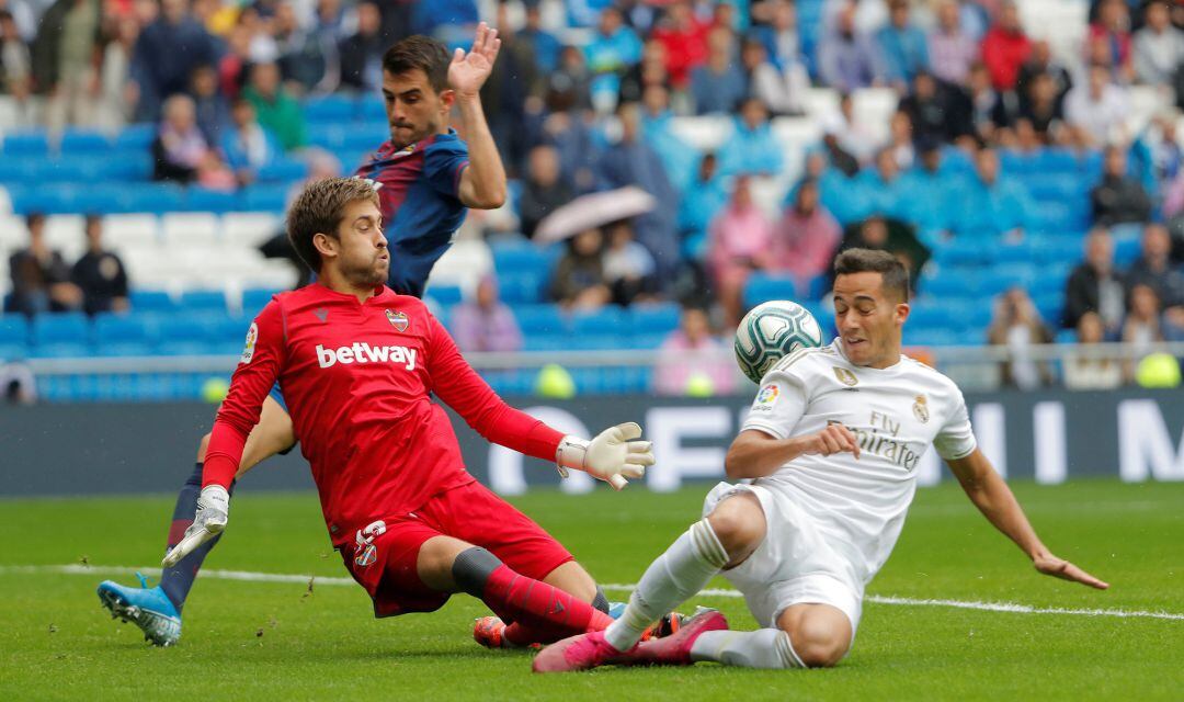 Aitor Fernandez in action with Real Madrid&#039;s Lucas Vazquez       