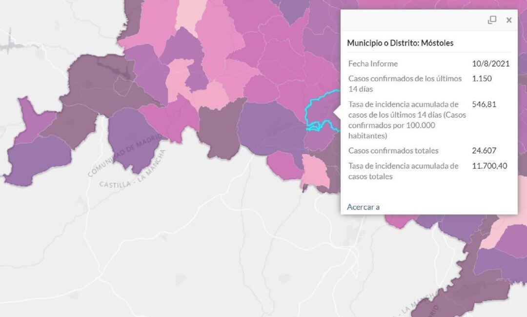 Mapa COVID-19 de municipios del suroeste madrileño