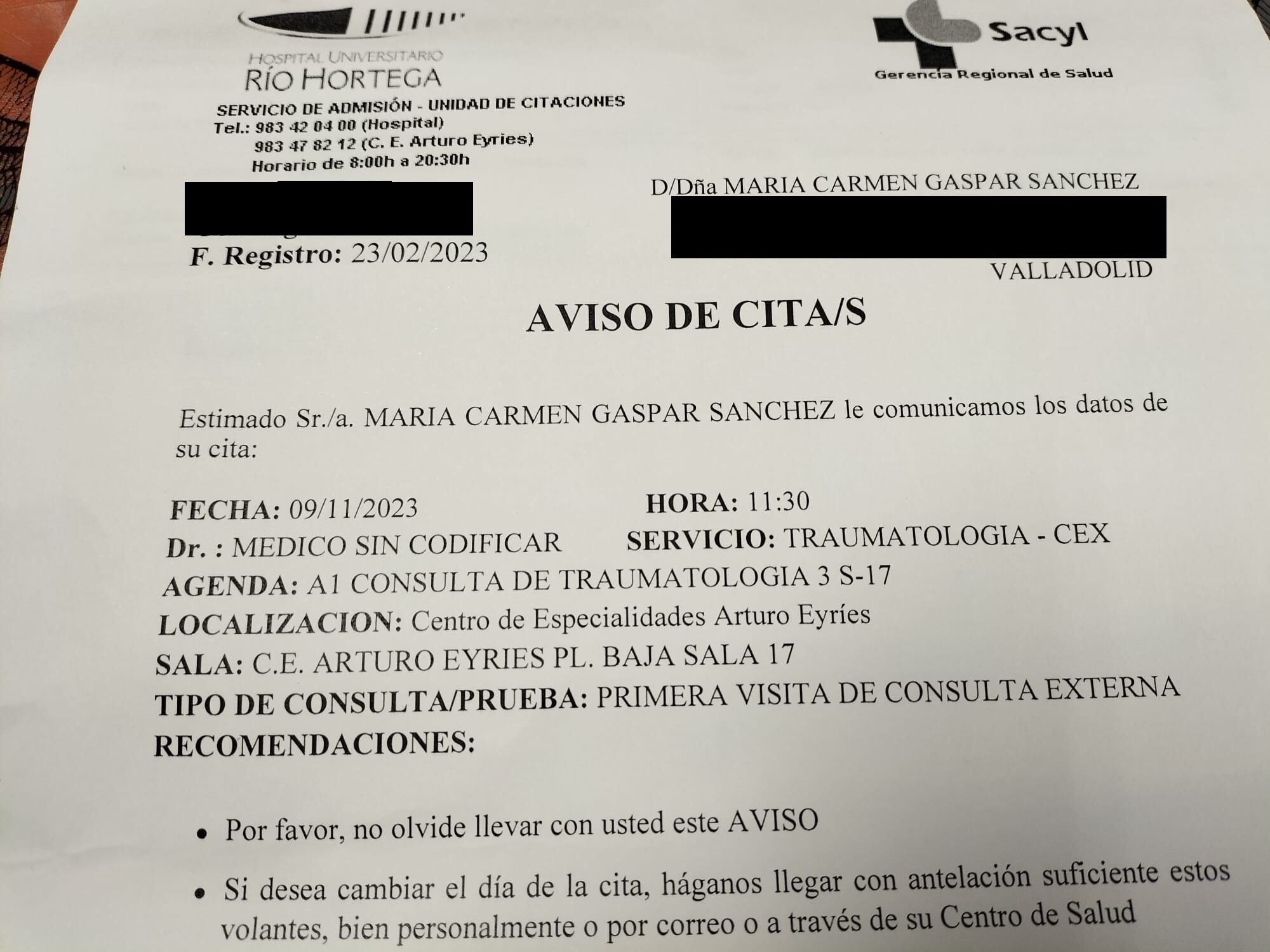 Volante de cita para Traumatología, María del Carmen Gaspar