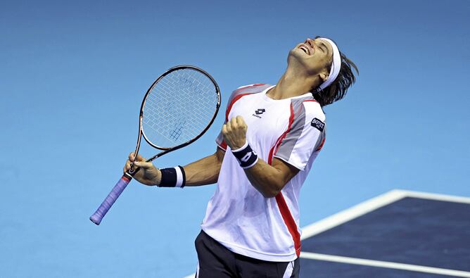 El tenista David Ferrer celebra su victoria ante el croata Ivan Dodig en la primera semifinal del Valencia Open 500