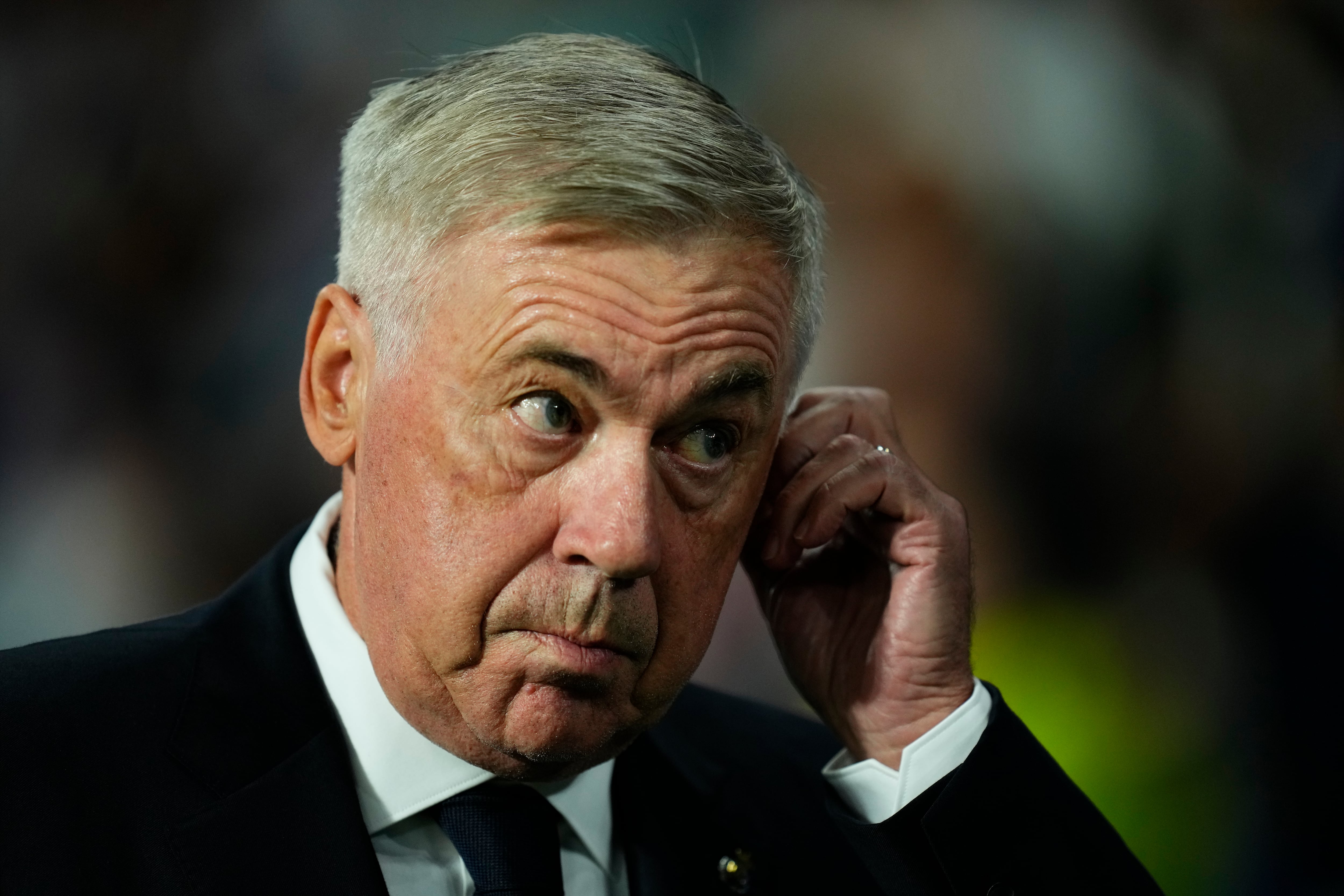 Carlo Ancelotti, durante el partido en el Reale Arena entre Real Sociedad y Real Madrid de Liga