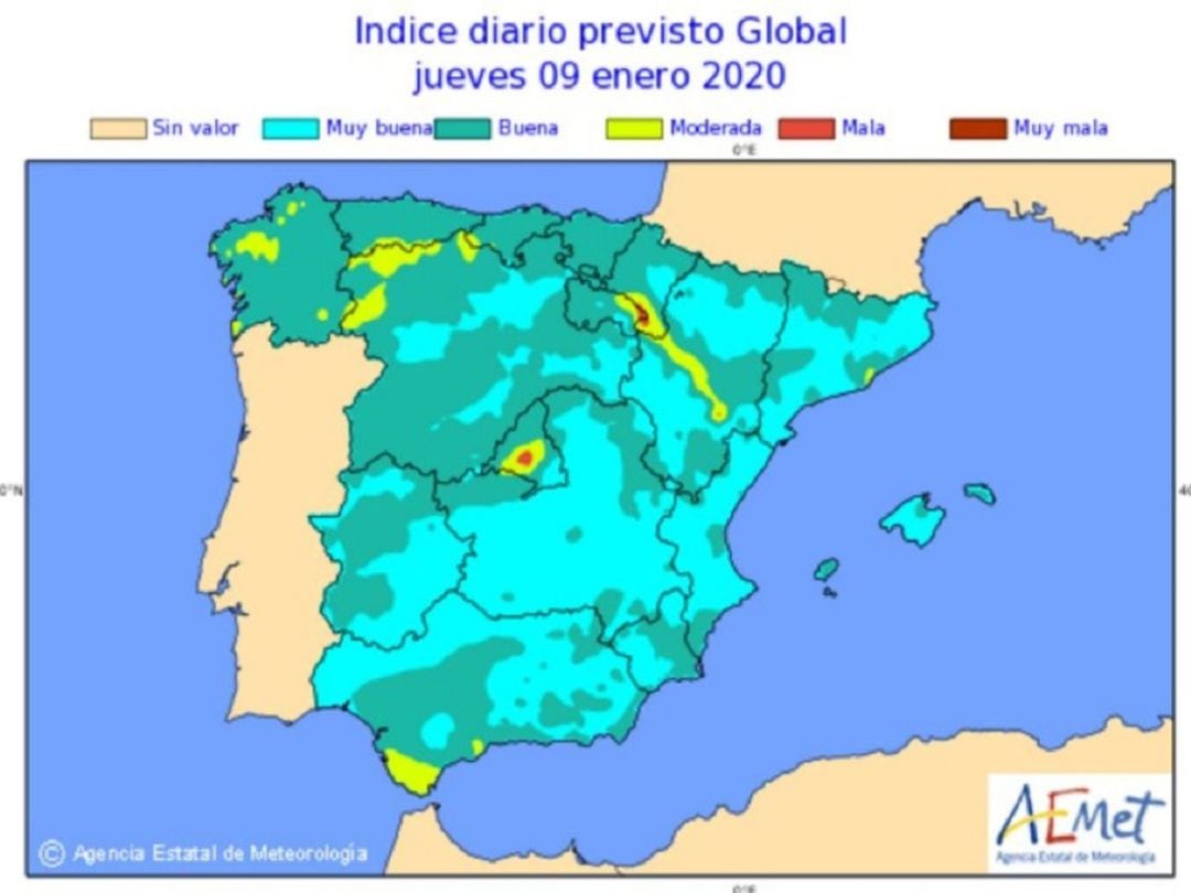 Índice de calidad del aire para el 9 de Enero de 2020