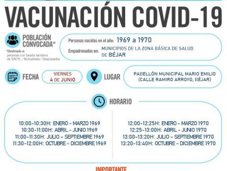 Información sobre la vacunación del 4 de junio en Béjar