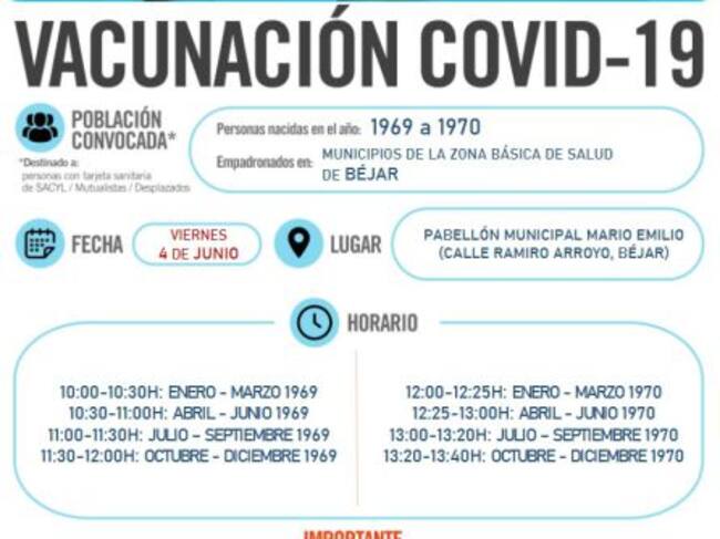 Información sobre la vacunación del 4 de junio en Béjar