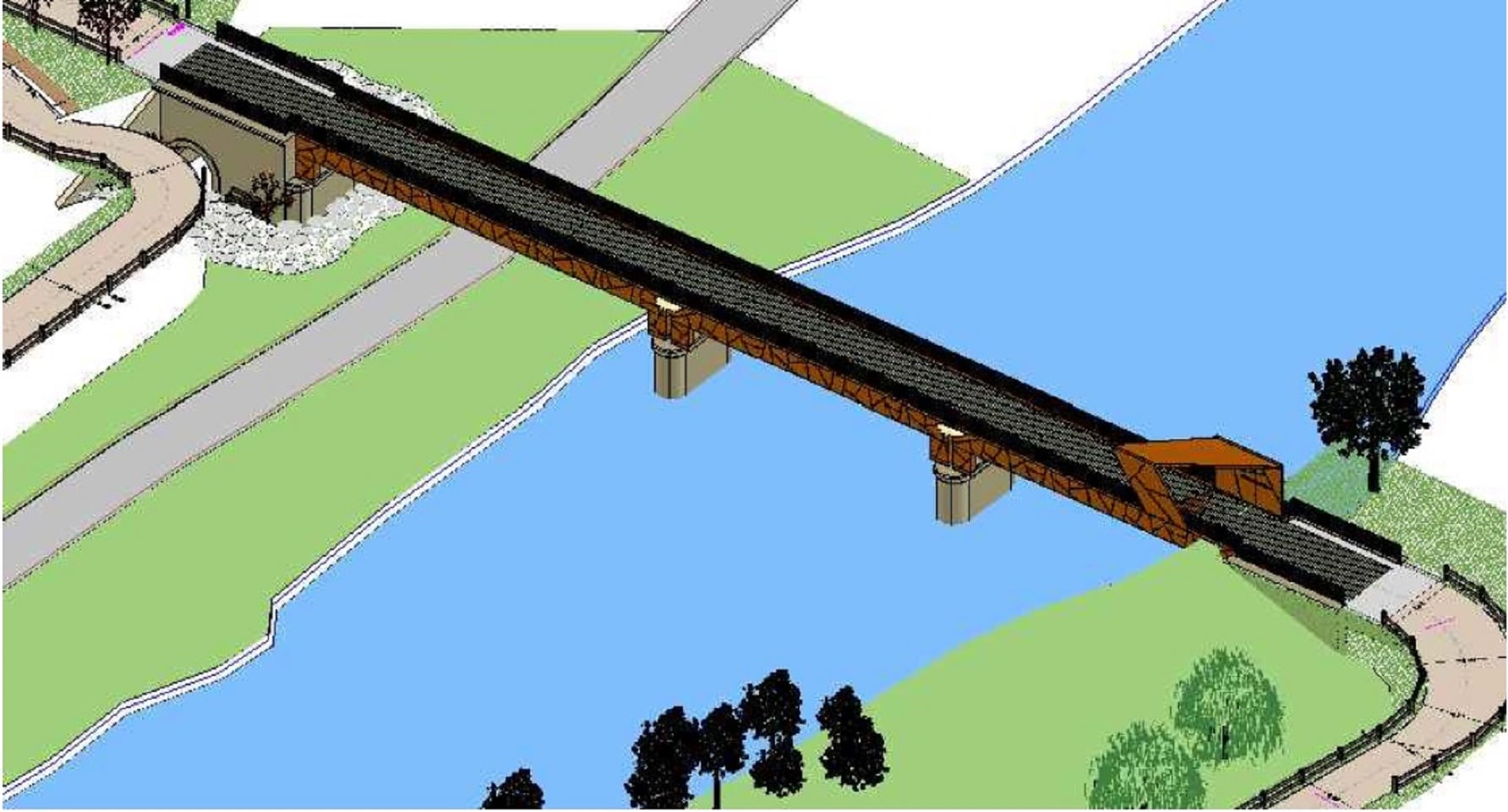 Proyecto del futuro puente sobre las pilastras del antiguo tren burra