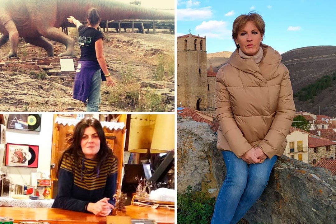 Elsa (arriba a la izquierda), Chus (abajo a la izquieda) y Trini (derecha), tres mujeres emprendedoras en la España vaciada.