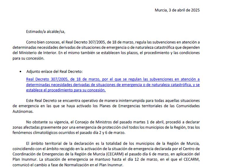 Estrato de la carta enviada por la Delegación al Ayuntamiento de Lorca supuestamente