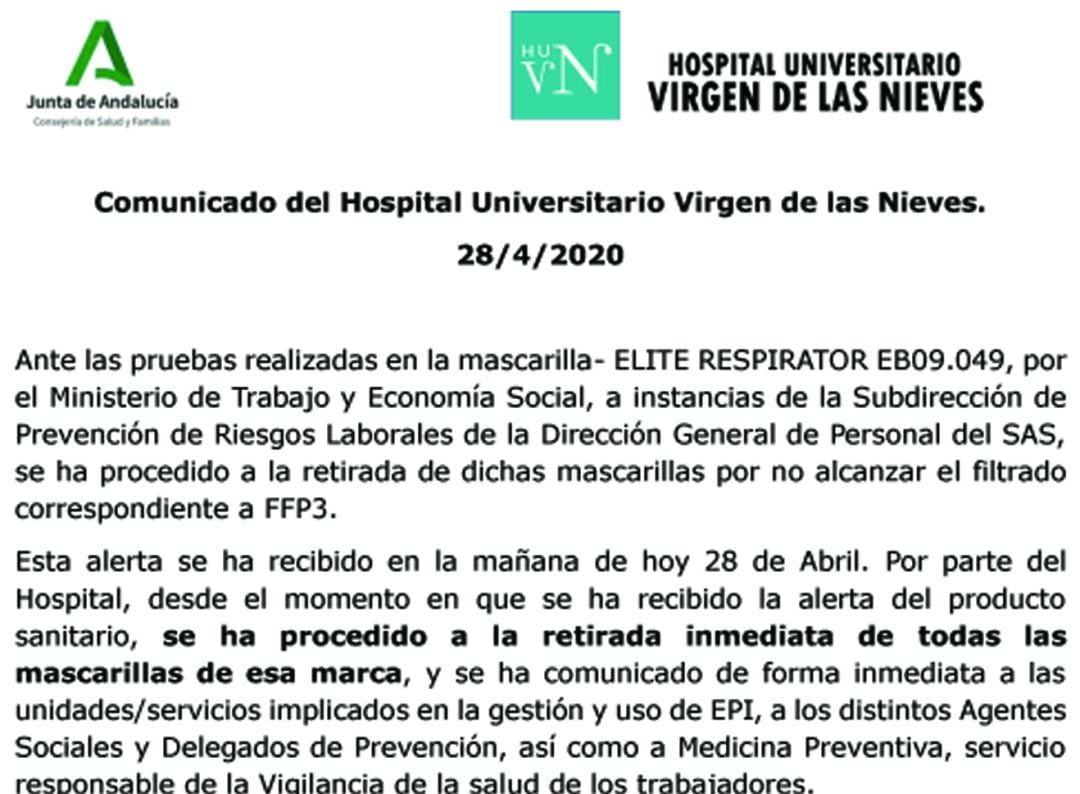 Parte del documento del Hospital Virgen de las Nieves de Granada donde ordena la retirada de mascarillas de protección defectuosas