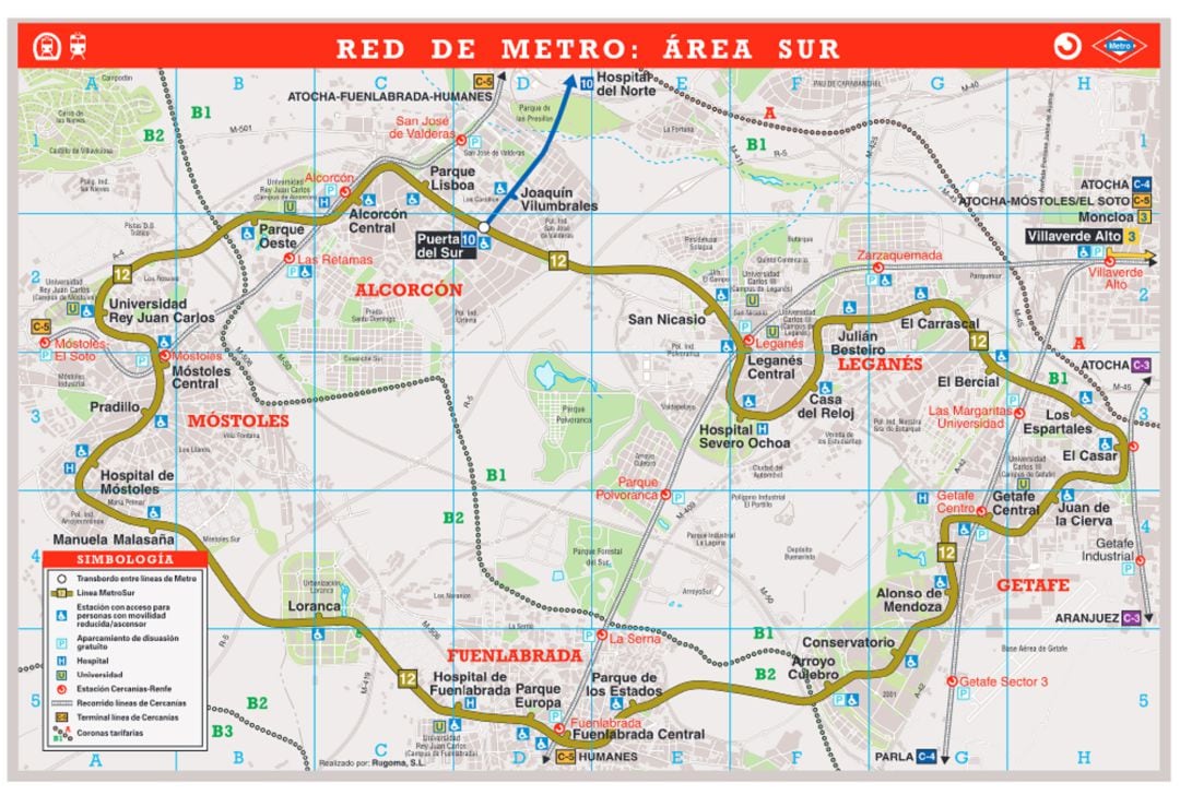 Plano cartográfico de Metrosur L12 sobre los municipios de Alcorcón, Móstoles, Fuenlabrada, Getafe y Leganés