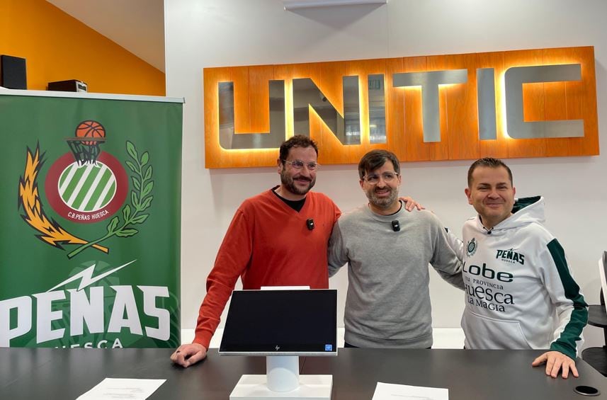 Fernando Lascorz, David Justes y Rafa Sanz en la previa del partido en la sede de Unitic Huesca